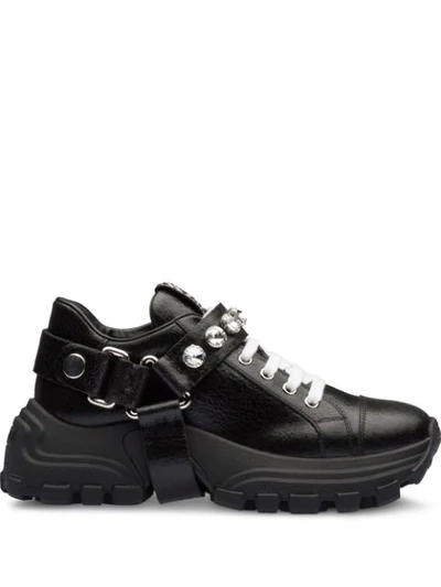 Miu Miu Crystal-embellished Buckle Sneakers In Black