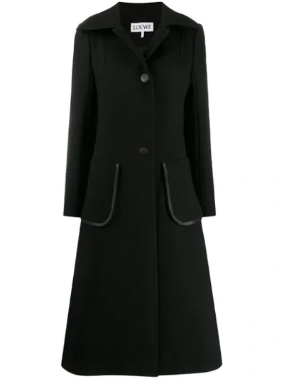 Loewe Leather-trimmed Longline Wool Coat In Black