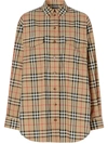 Burberry Vintage Check Stretch Cotton Oversized Shirt In Brown