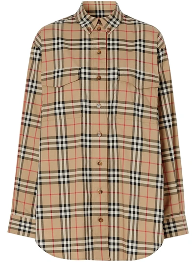 Burberry Vintage Check Stretch Cotton Oversized Shirt In Beige
