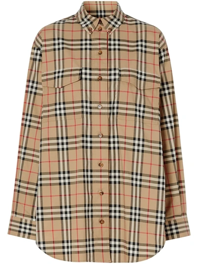 Burberry Vintage Check Stretch Cotton Oversized Shirt In Brown