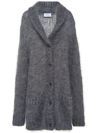 Prada Shawl Collar Knitted Cardigan In Grey