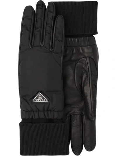Prada Nylon Leather Gloves W/ Triangle Logo In Black