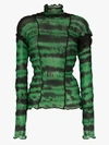 Asai Hotwok Ruffled Tie-dyed Stretch-mesh Turtleneck Top In Green/black