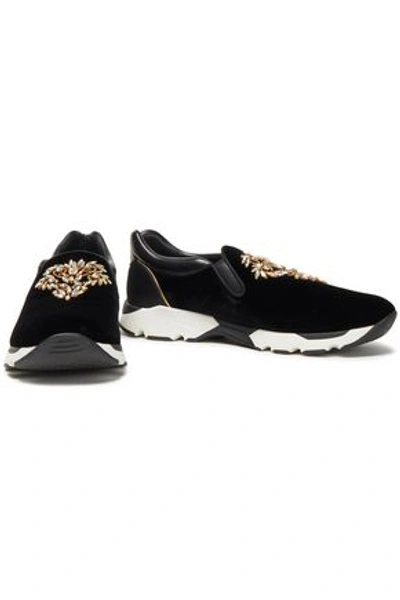 René Caovilla Rene' Caovilla Woman Embellished Satin, Leather And Velvet Slip-on Sneakers Black