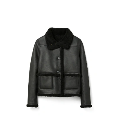 Tory Burch Reversible Leather Shearling Jacket In Black
