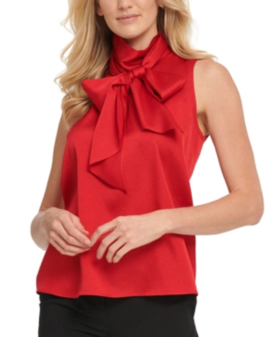 Dkny Bow Mock-neck Blouse In Red