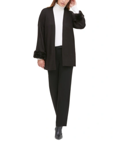 Calvin Klein Faux-fur Cuff Cardigan Sweater In Black