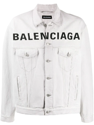 Balenciaga Men's Bleached Denim Jacket With Logo In White