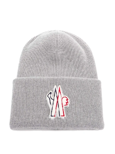 Moncler Logo Patch Grey Wool Beanie In White