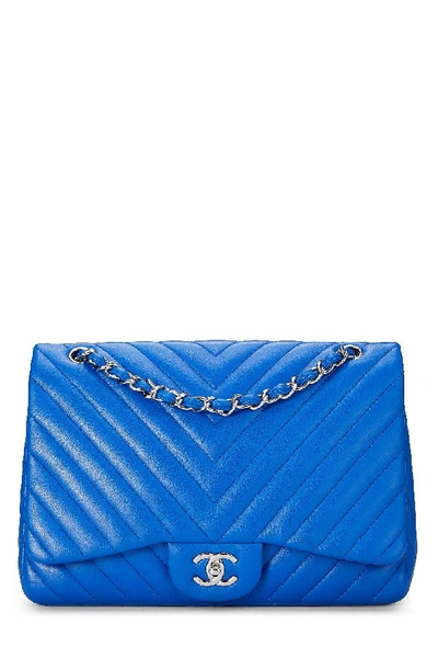 Pre-owned Chanel Blue Lambskin Chevron Flap Jumbo