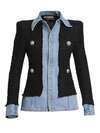 BALMAIN Layered Denim Wool-Blend Tweed Jacket