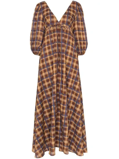 Staud Plaid V-neck Maxi Dress In Brown