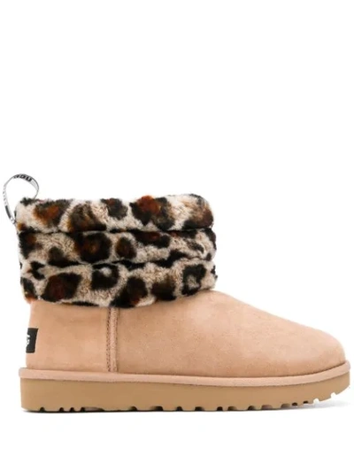 Ugg Mini Fluff Quilted Leopard-print Sheepskin-lined Suede Boots In Beige