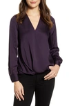 Vince Camuto Faux Wrap Satin Blouse In Blackberry
