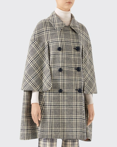 Gucci Check Wool Blend Marine Cape In Blue