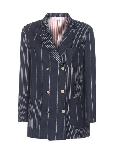 Thom Browne Striped Wool Double-breasted Blazer In Navy