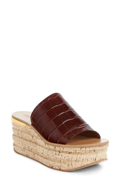 Chloé Camille Croc Embossed Cork Platform Wedge Sandal In Hot Tan Leather