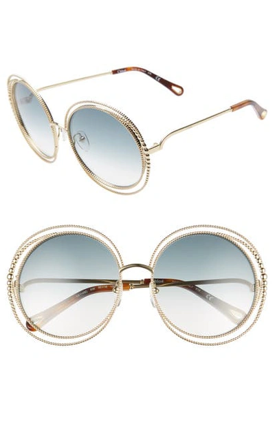 Chloé Carlina 58mm Round Sunglasses In Gold/ Gradient Petrol