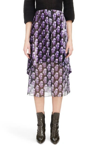 Chloé Floral Print Layered Velvet Midi Skirt In Black - Purple
