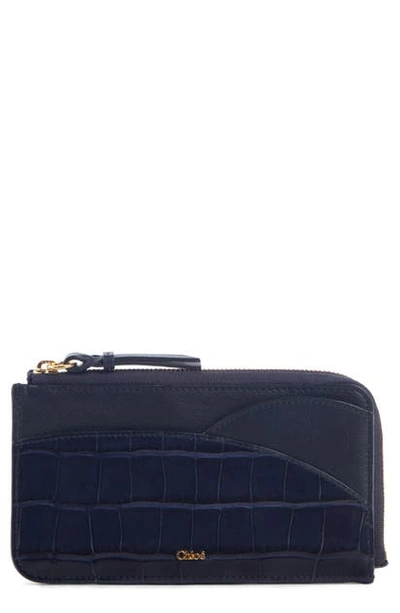 Chloé Walden Croc Embossed Leather Ipad Pouch In Full Blue