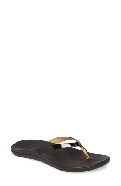 Olukai 'ho Opio' Leather Flip Flop In Black Patent Leather