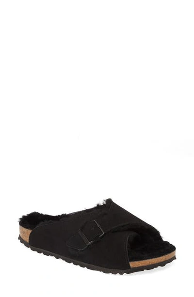 Birkenstock Arosa Genuine Shearling Slide Sandal In Black Suede/ Shearling