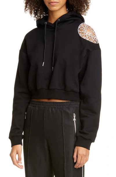 Area Crystal Doily Crop Cotton Hoodie In Black