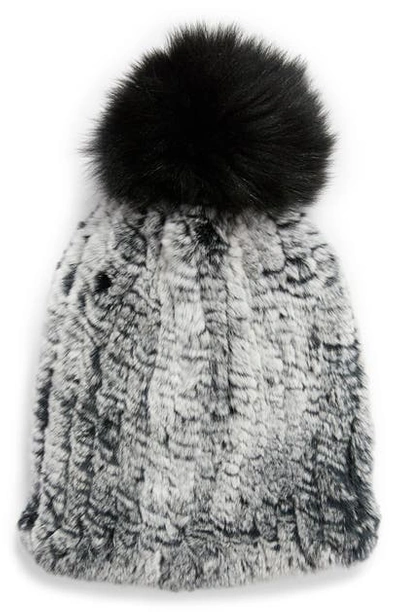 La Fiorentina Genuine Rabbit Fur Hat With Genuine Fox Fur Pom In Black Trost