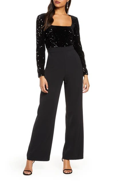 Eliza J Sequin Long Sleeve Jumpsuit In Black