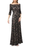 Js Collections Bateau Neck Lace Gown In Black Nude