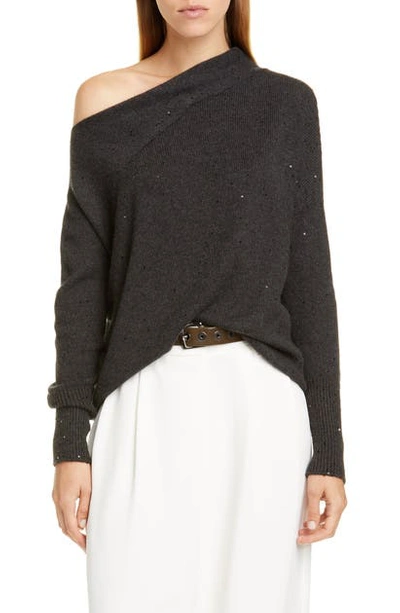 Brunello Cucinelli One Shoulder Sequin Cashmere & Silk Sweater In Onyx
