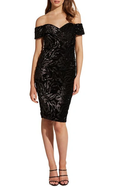 Bardot Sequin Velvet Off The Shoulder Dress In Black
