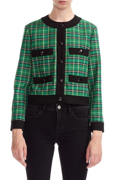 Maje Vivert Tartan Contrasting-trim Woven Blazer In Green