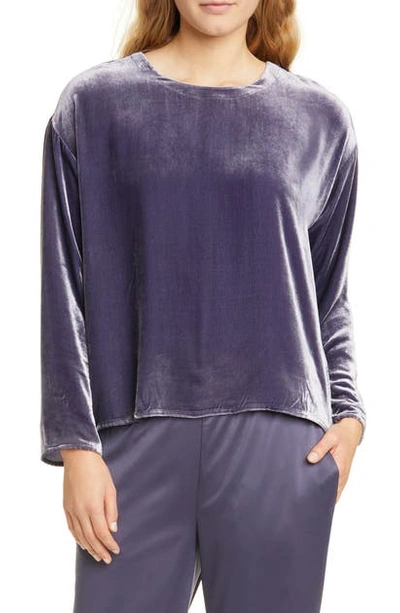 Eileen Fisher Petite Crewneck Long-sleeve Velvet Top In Blue Shale