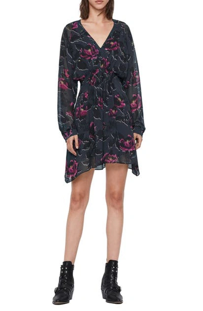 Allsaints Nichola Rosalyn Floral Long Sleeve Asymmetrical Hem Dress In Washed Black