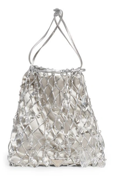Prada Rete Crystal Embellished Macrame & Satin Drawstring Bag In Argento
