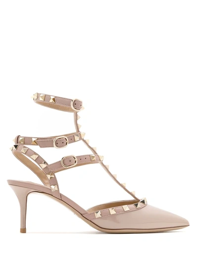 Valentino Garavani Rockstud Caged 65 Leather Ankle Strap Pump In Poudre