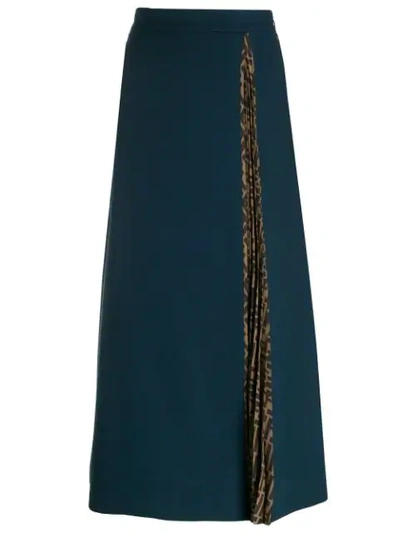 Fendi Fleece Wool Midi Skirt With Pleated Side Inset In Blue