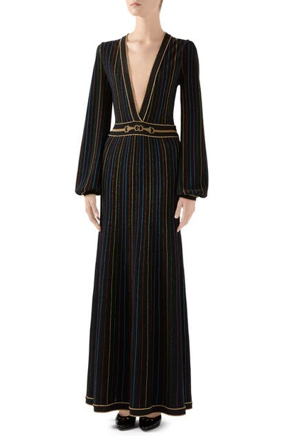 Gucci Metallic Stripe Long Sleeve Maxi Sweater Dress In Black/ Multicolor