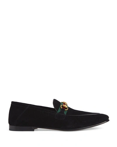 Gucci Men's Fold-down Suede Web Horsebit Loafers In Black