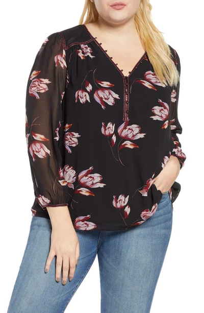 Daniel Rainn Plus Floral Peasant Blouse In G378 Blk