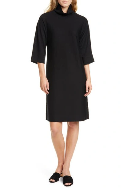 Eileen Fisher Wool Mockneck Three-quarter Sleeve Dress In Black