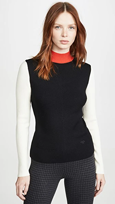 Tory Burch Color-block Merino Wool Mock Neck Sweater In Black