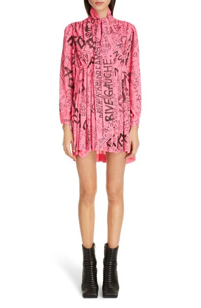 Balenciaga Graffiti Print Crepe De Chine Long Sleeve Babydoll Dress In Fluo  Pink/ Black | ModeSens