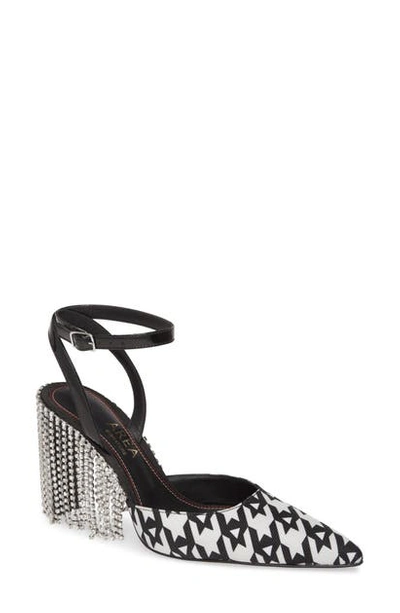 Area Crystal Fringe Ankle Strap Pointed Toe Pump In Black Houndstooth