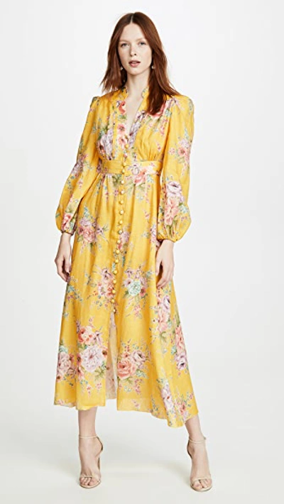 Zimmermann Zinnia Button Front Long Dress In Yellow