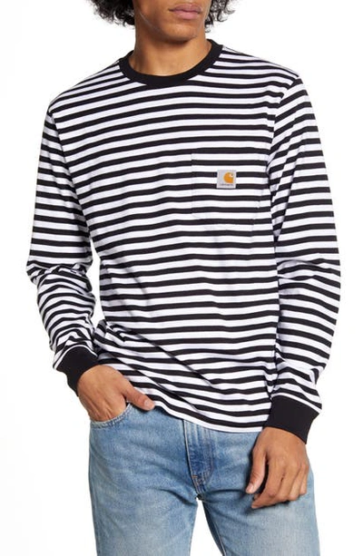 Carhartt Haldon Stripe Long Sleeve Pocket T-shirt In Haldon Stripe, Black / White