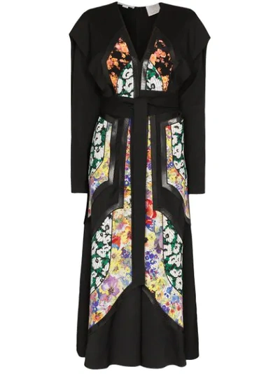Stella Mccartney + Net Sustain Vegetarian Leather-trimmed Twill And Floral-print Silk Dress In Black