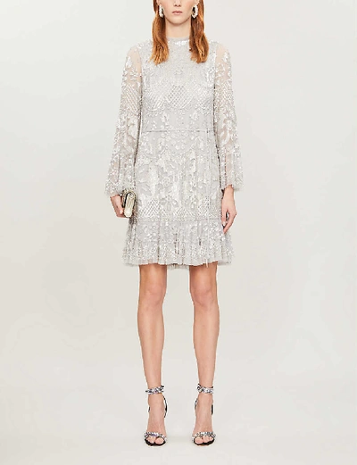 Needle & Thread Snowdrop Sequin-embroidered Mesh Mini Dress In Dusk Blue